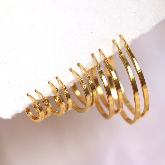 Boucles d'oreilles créoles carrées en argent sterling plaqué or 12-40 mm