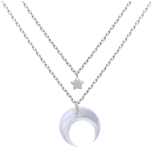 Collier double couche en argent sterling avec étoile et croissant de lune