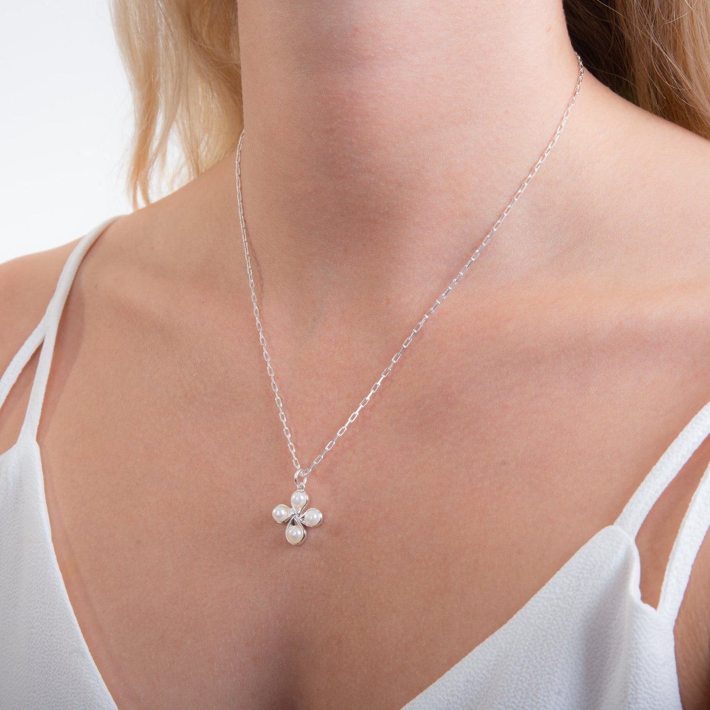 Collier trèfle à quatre feuilles en argent sterling et perles de 35 à 55 cm