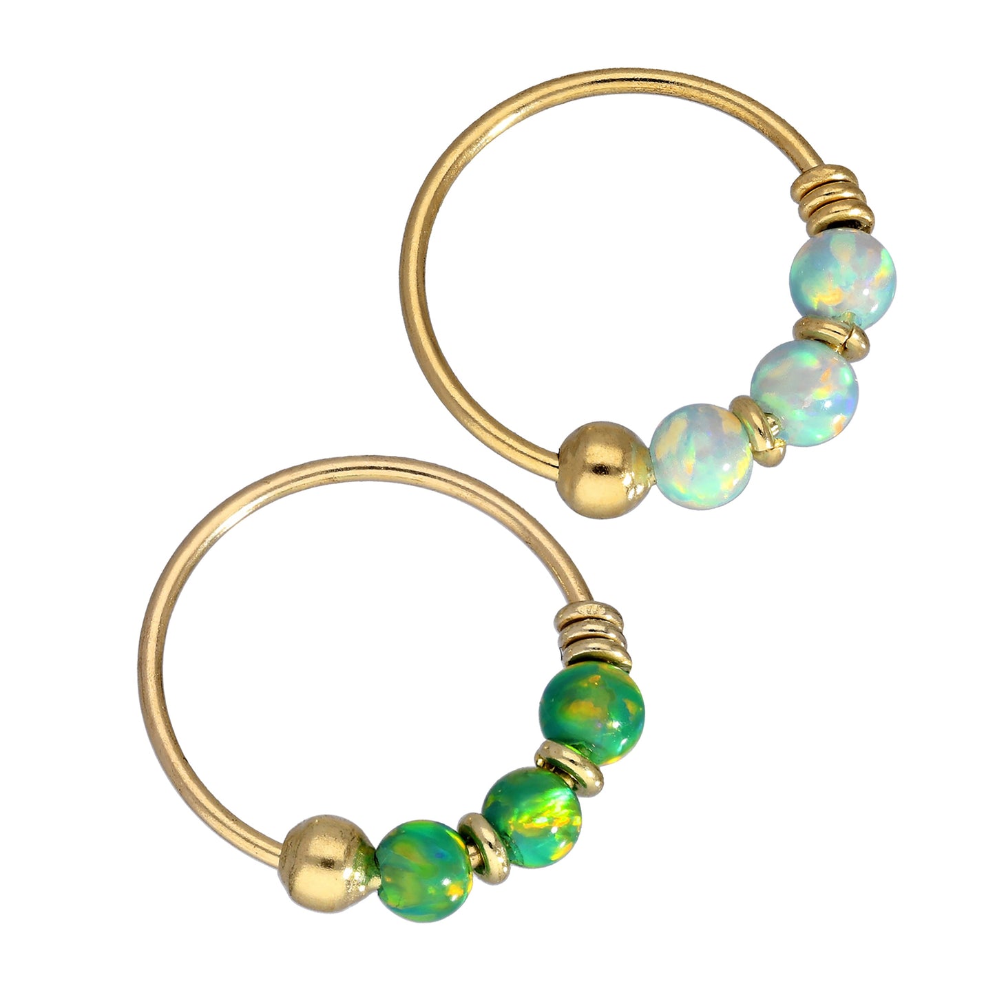 Ensemble d'anneaux de nez en or 9 carats avec opale verte et bleu clair, calibre 22