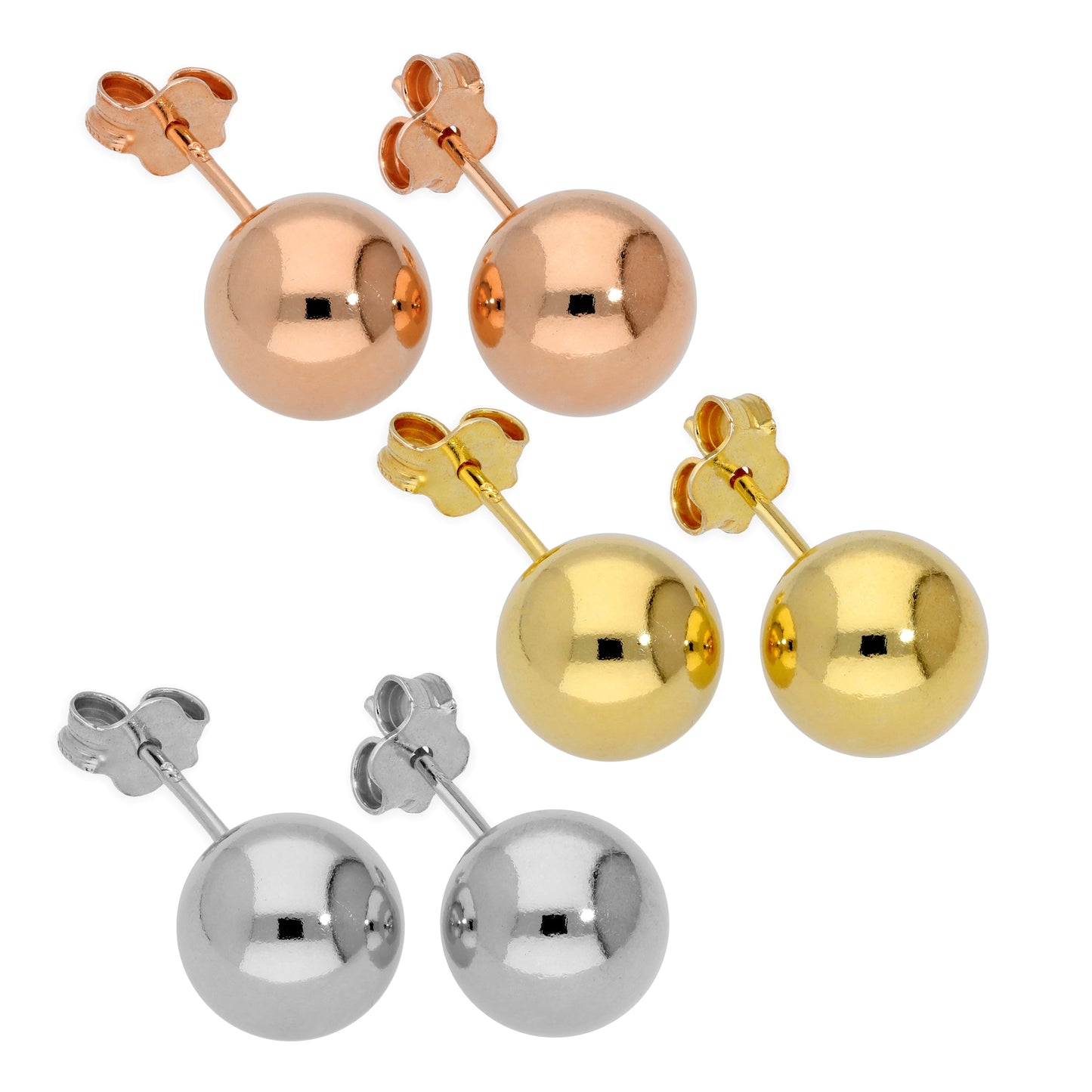 Ensemble de boucles d'oreilles à tige en argent sterling plaqué or de trois couleurs mélangées, de 8 mm