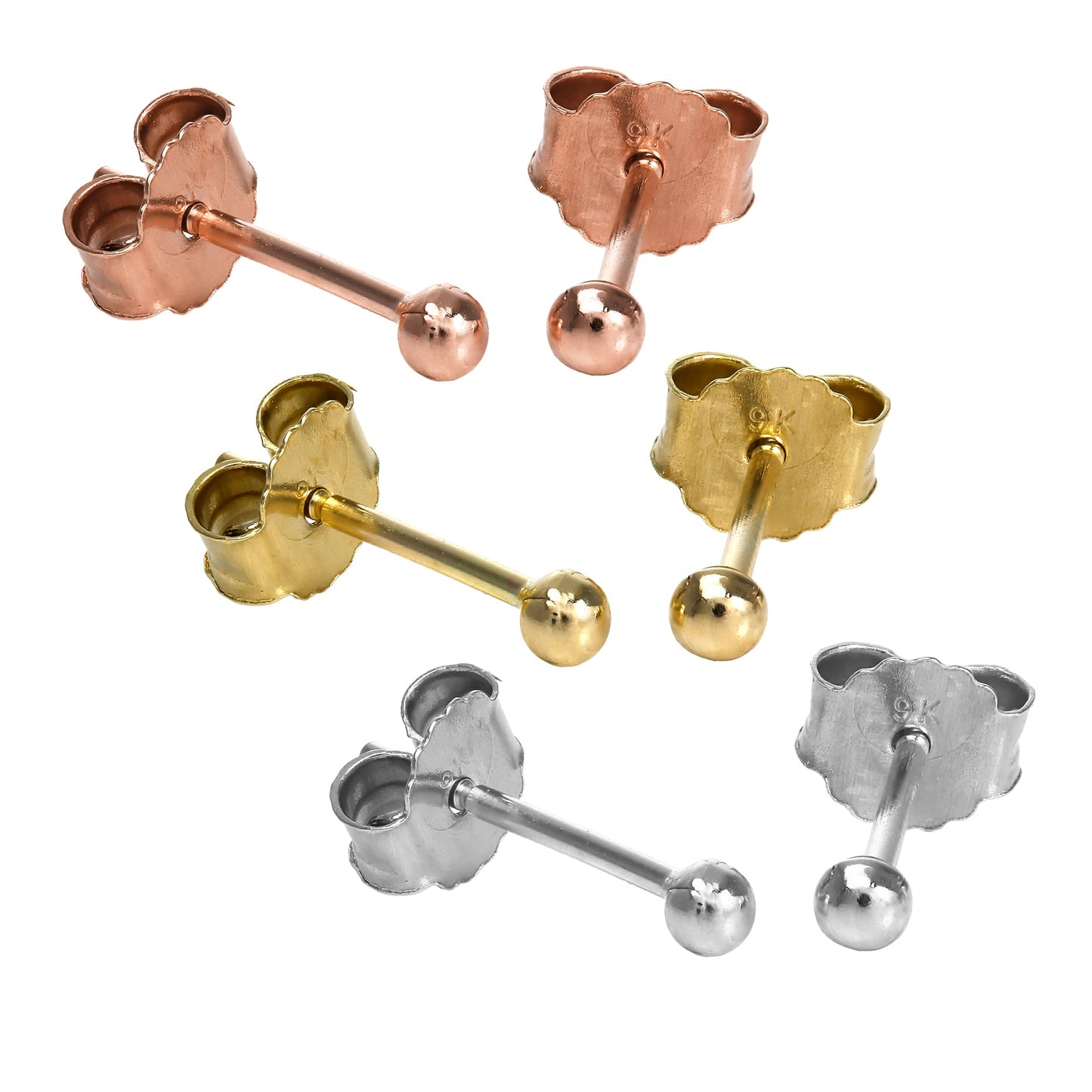 Boucles d'oreilles à tige en or jaune rose et blanc 9 carats, boules de 2 mm