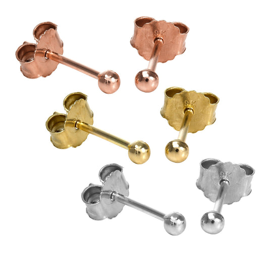 Boucles d'oreilles à tige en or jaune rose et blanc 9 carats, boules de 2 mm