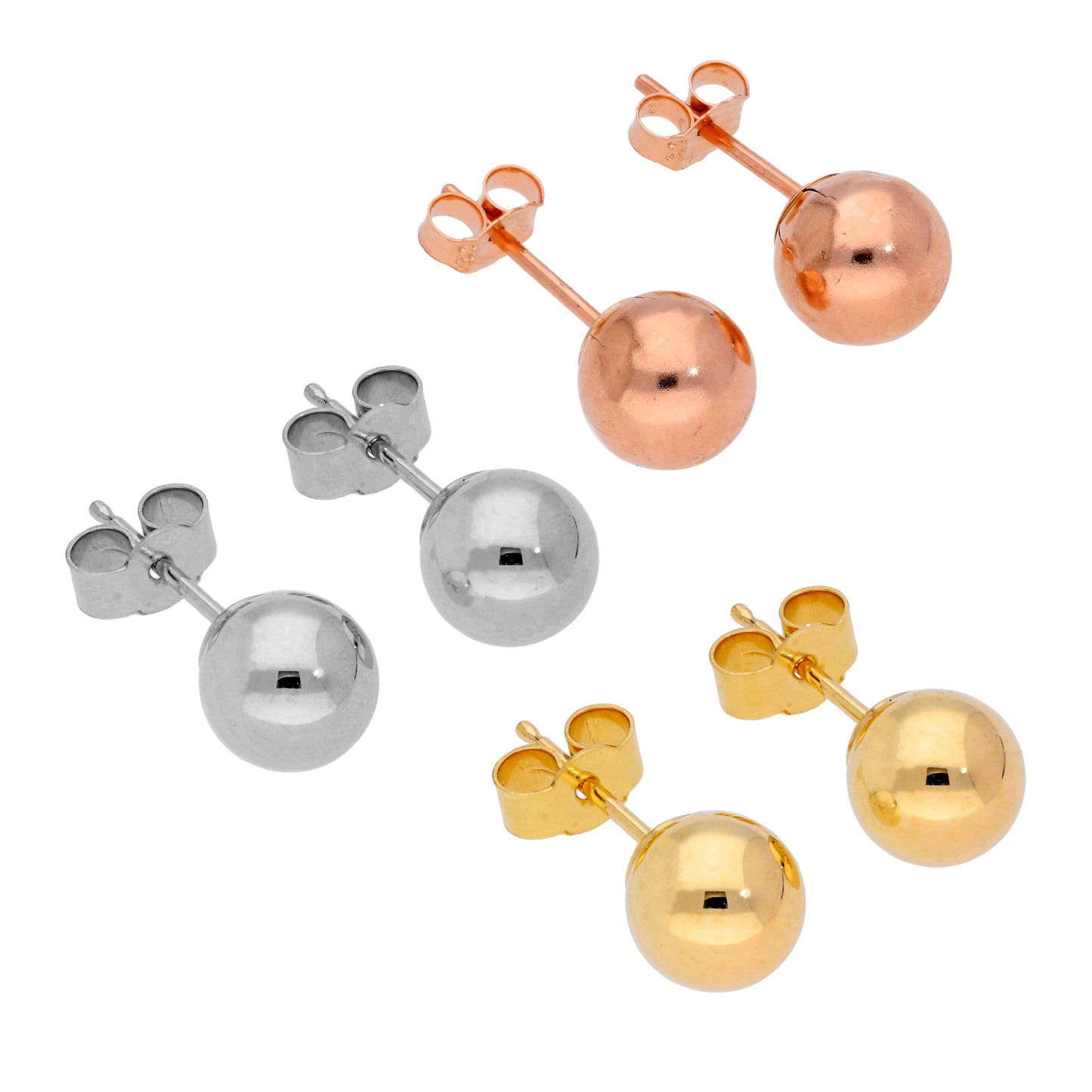 Ensemble de boucles d'oreilles à tige triples mixtes en or jaune, rose et blanc 9 carats, 6 mm