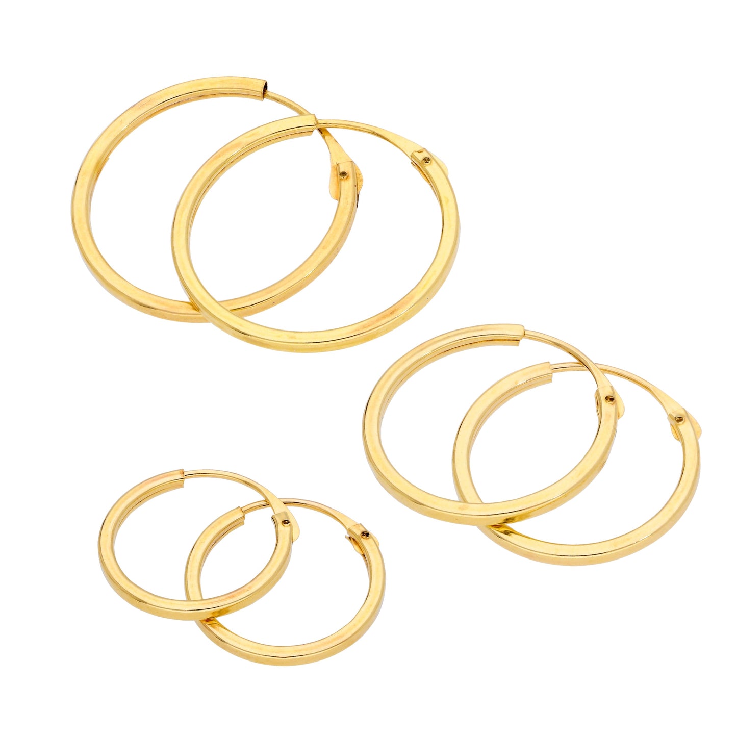 Ensemble de boucles d'oreilles créoles triples en or 9 carats, carrées de 1 mm, 12, 14 et 16 mm