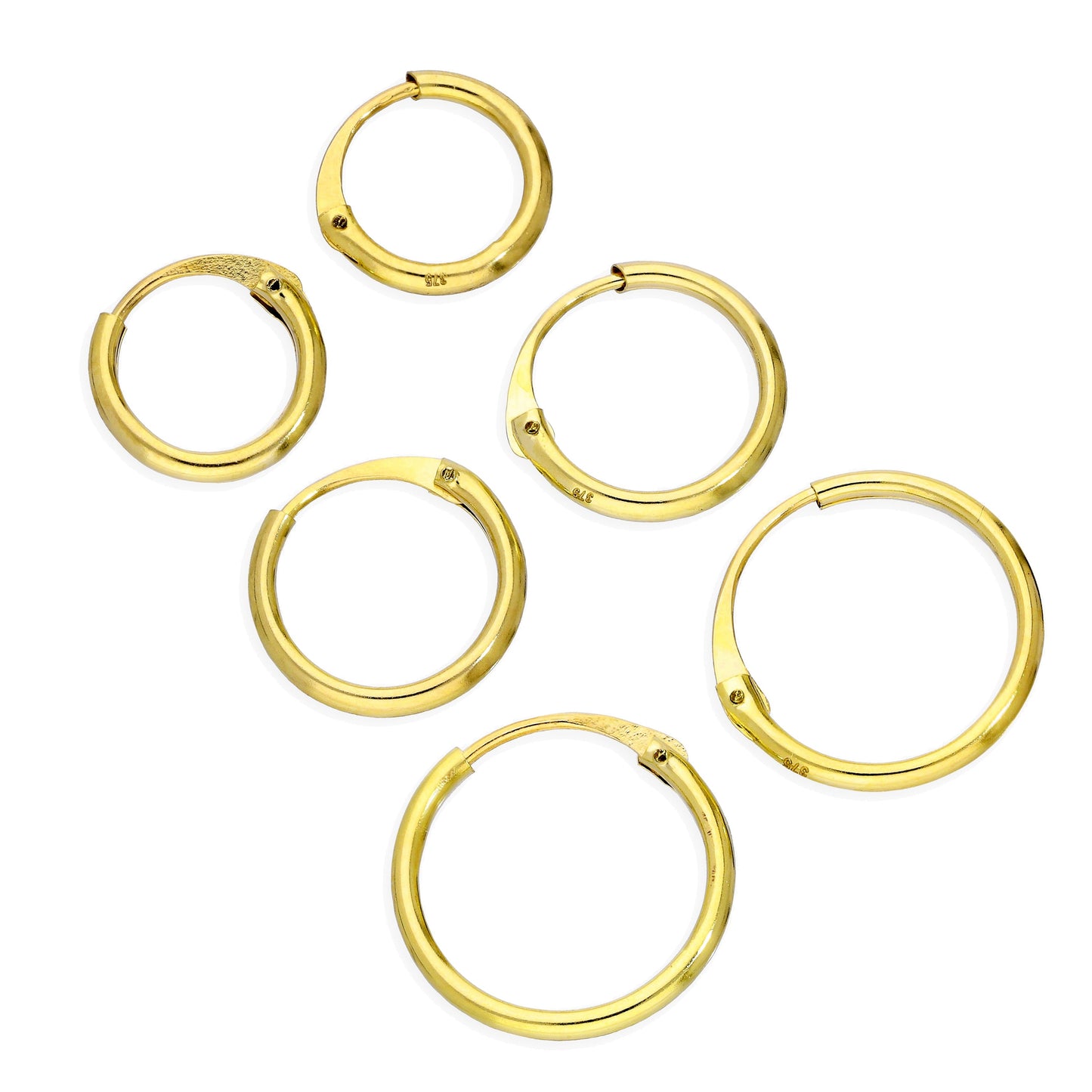 Ensemble de boucles d'oreilles créoles triples en or 9 carats de 1,2 mm, 8, 10 et 12 mm