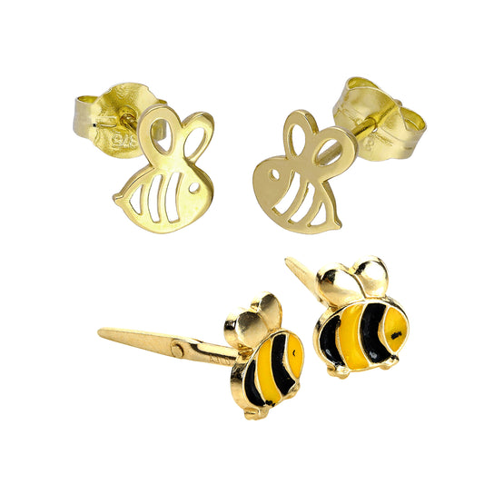 Ensemble de boucles d'oreilles à tige en or 9 carats pour enfants, motif abeilles découpées et émaillées