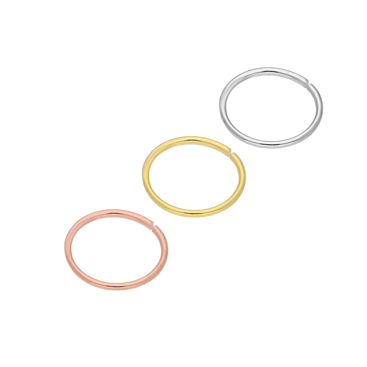 Ensemble de trois anneaux de nez en or jaune rose et blanc 9 carats de 6 mm