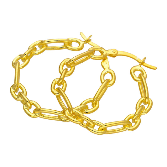 Boucles d'oreilles créoles en argent sterling plaqué or avec chaîne de 30 mm