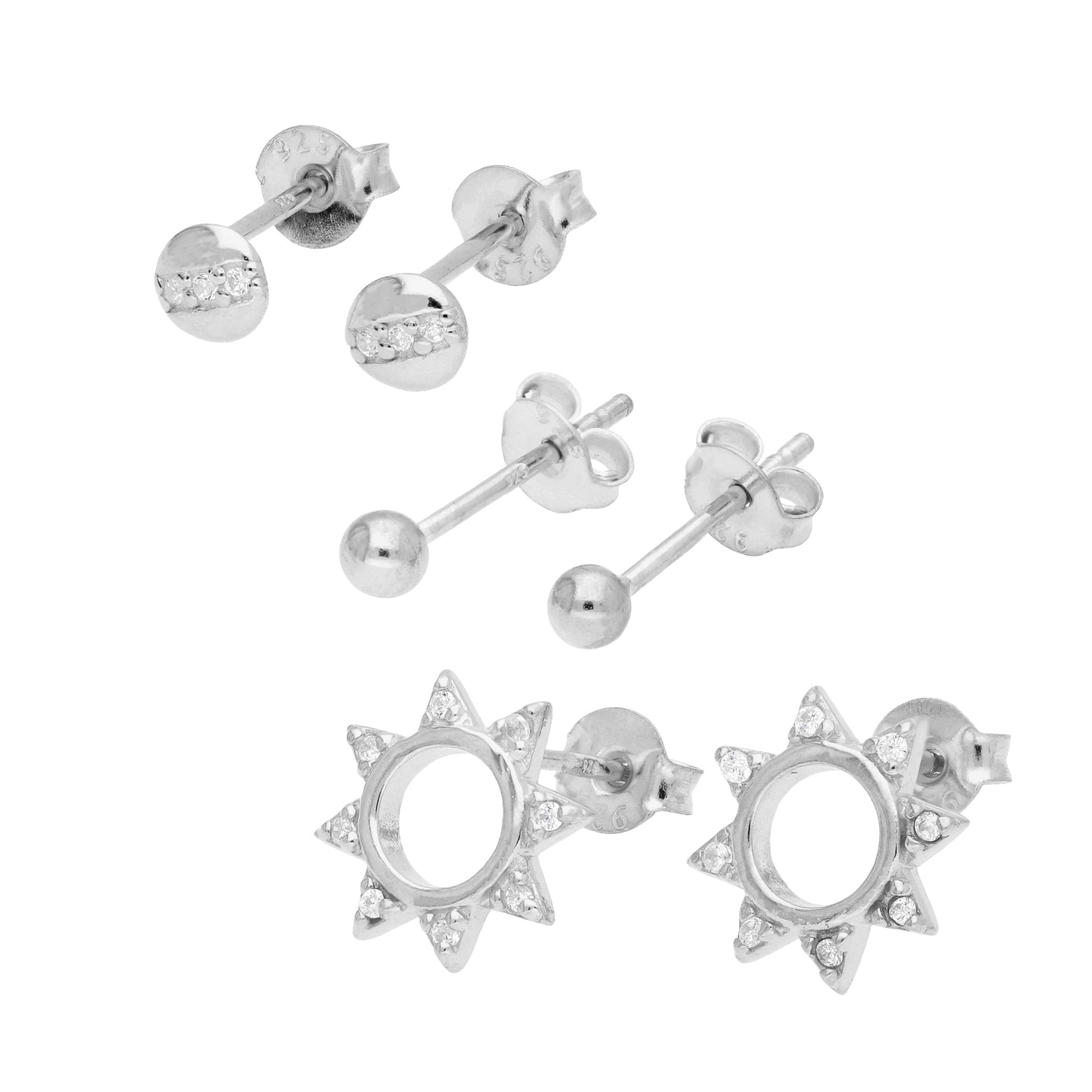 Ensemble de boucles d'oreilles triples en argent sterling avec soleil