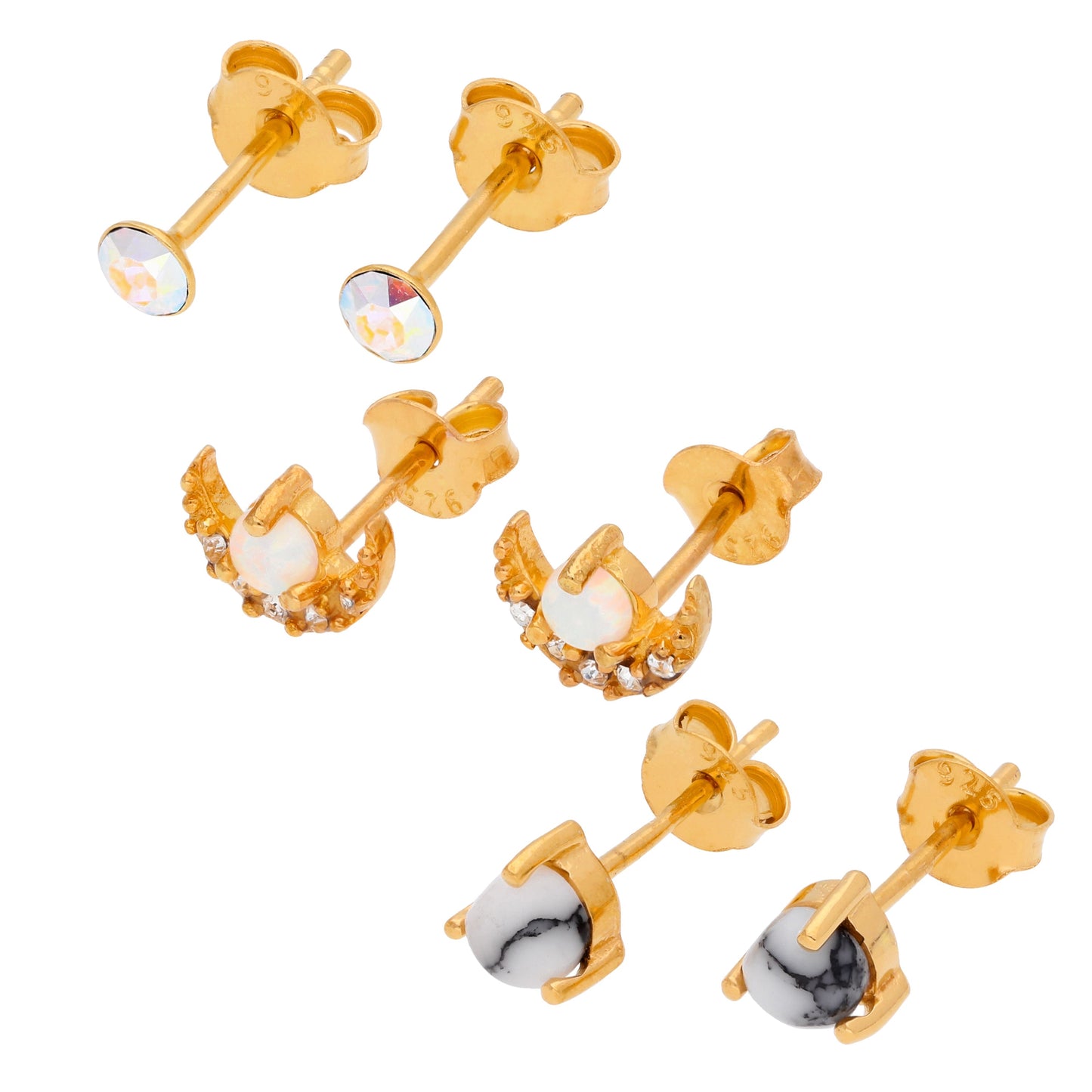 Ensemble de boucles d'oreilles à tige en argent sterling plaqué or triple lune