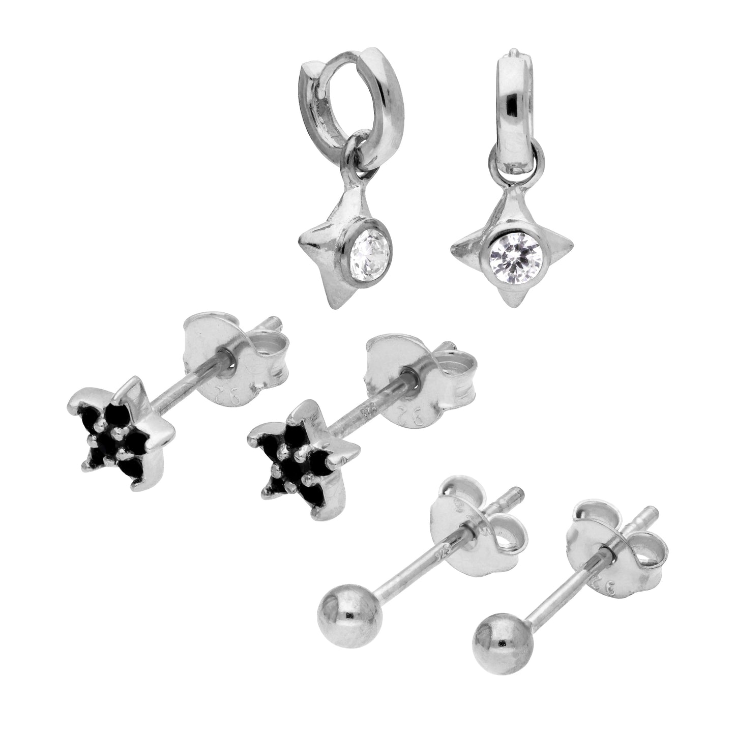 Ensemble de boucles d'oreilles triple étoile en argent sterling et zircones cubiques