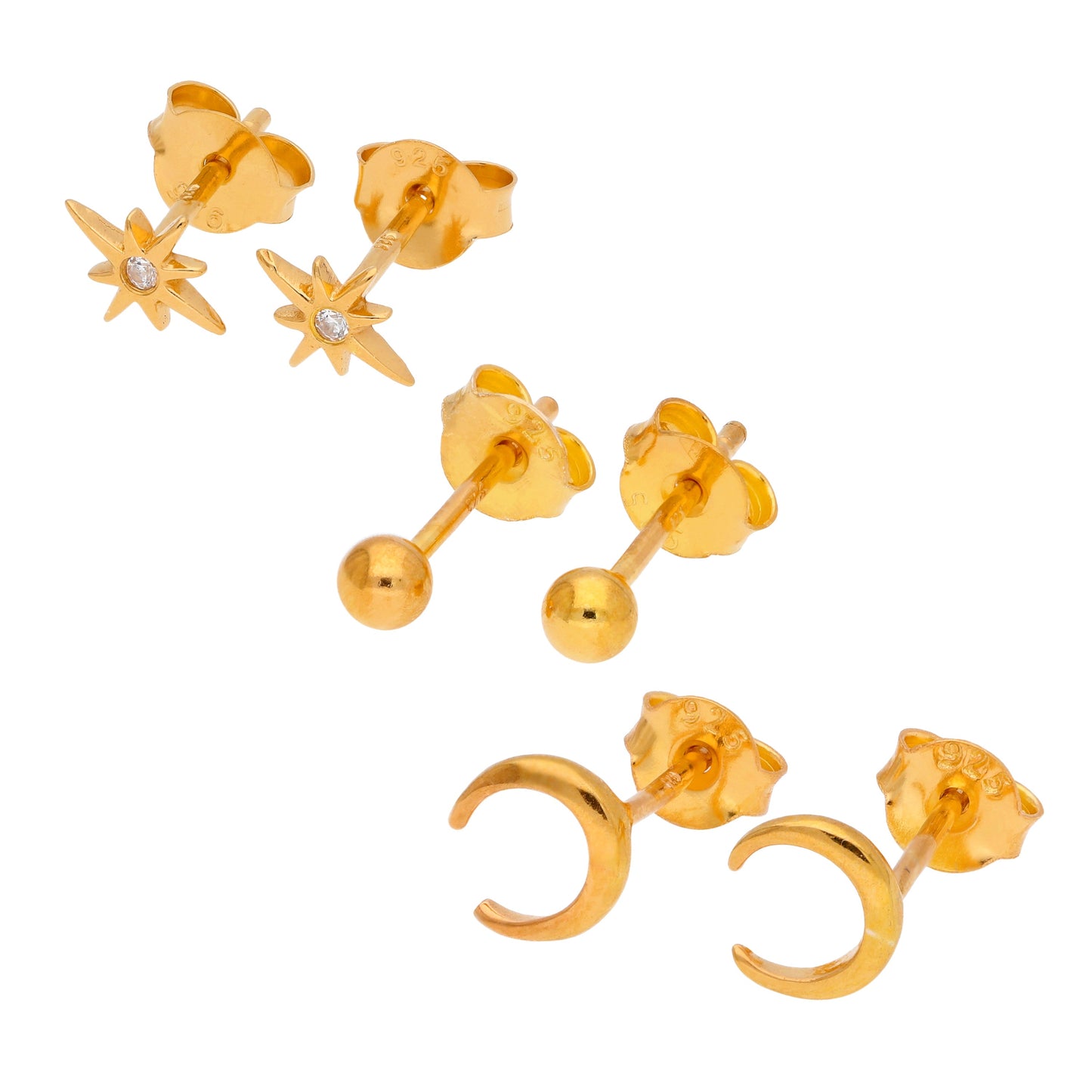Ensemble de boucles d'oreilles à tige en argent sterling plaqué or avec lune et étoile