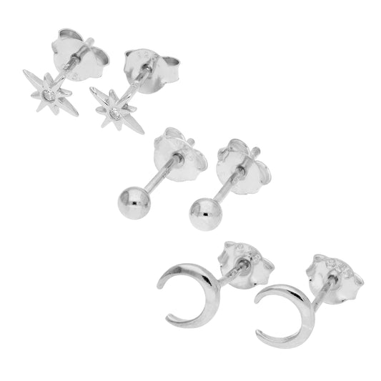 Ensemble de boucles d'oreilles triples en argent sterling avec étoile et lune