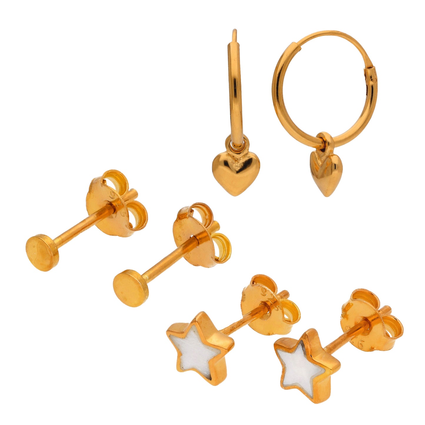 Ensemble de petites boucles d'oreilles à tige et créoles en argent sterling plaqué or
