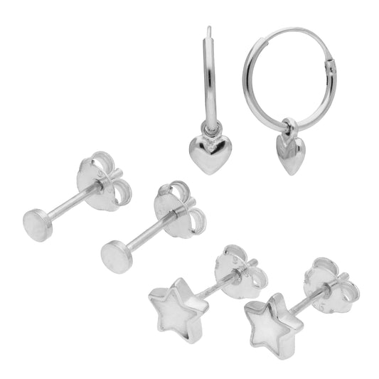Ensemble de boucles d'oreilles triples en argent sterling avec cœur étoile et créoles