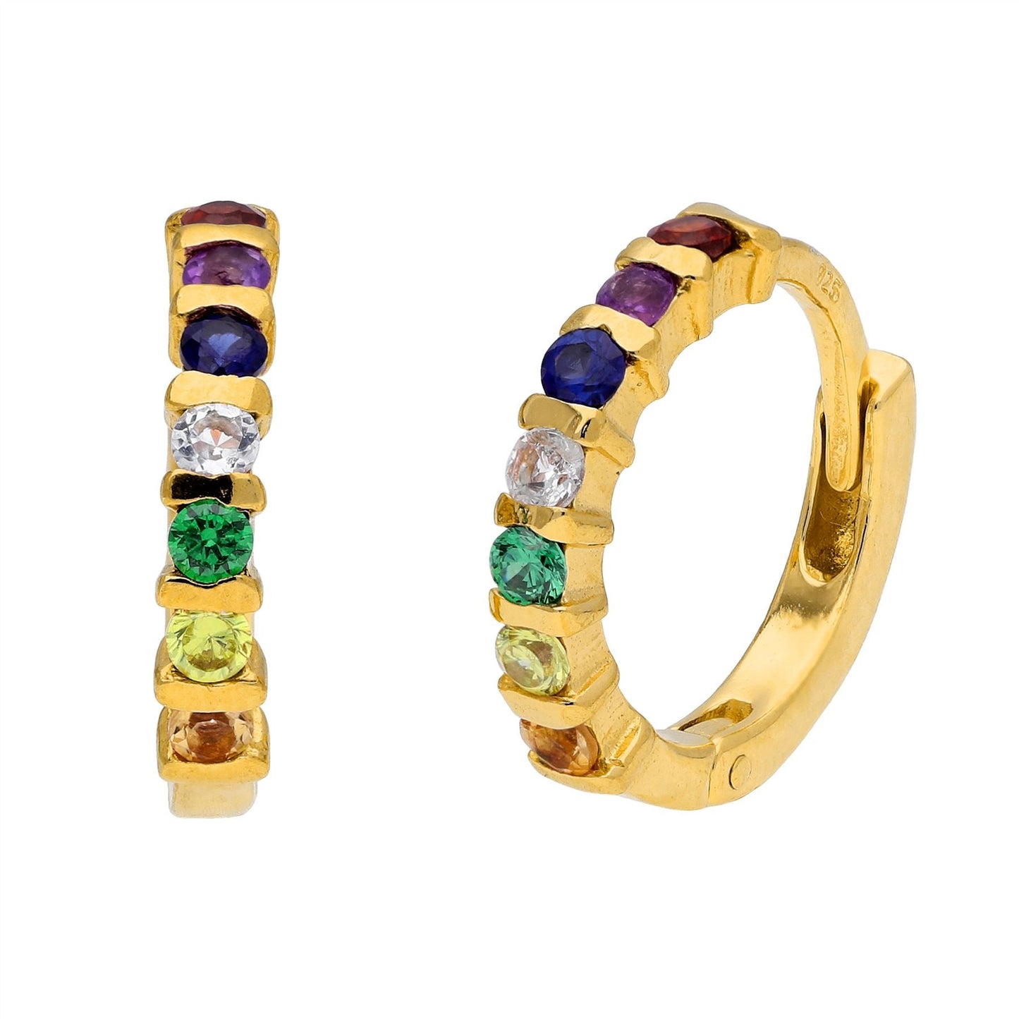 Boucles d'oreilles créoles en argent sterling plaqué or avec zircones cubiques arc-en-ciel de 15 mm
