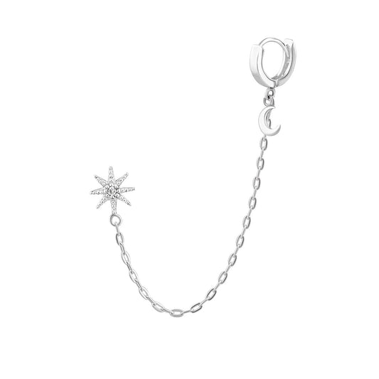 Boucles d'oreilles créoles en argent sterling avec chaîne et étoile en forme de lune