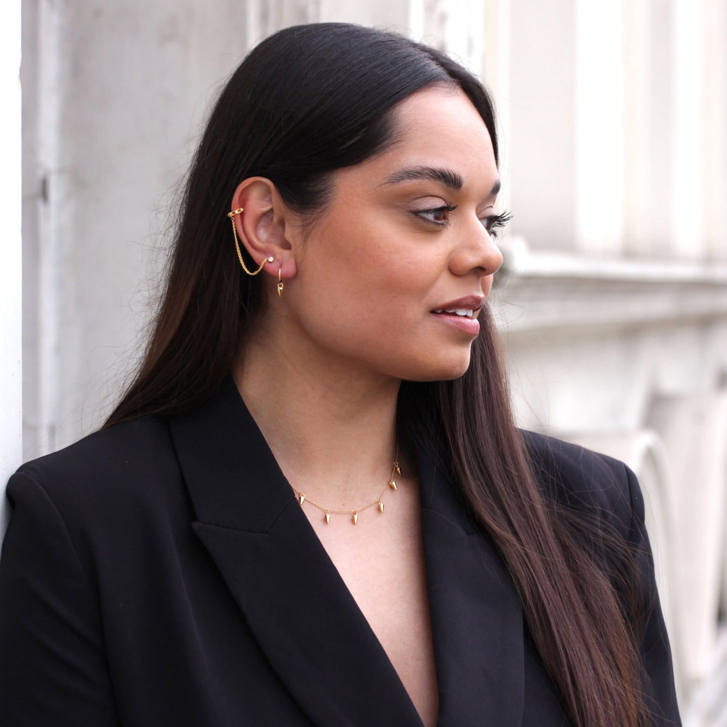 Boucles d'oreilles à tige en argent sterling plaqué or avec double chaîne et zircones cubiques