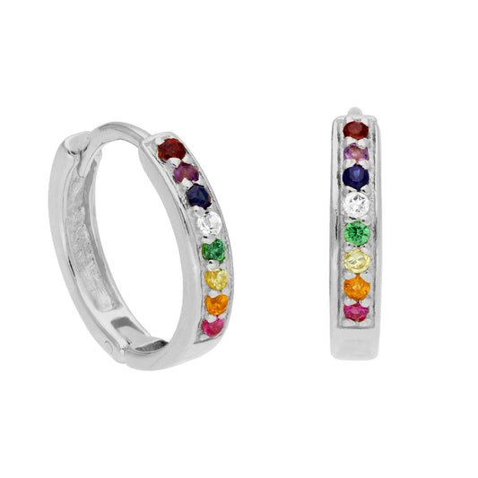 Boucles d'oreilles créoles en argent sterling avec pavé de zircones cubiques arc-en-ciel de 15 mm