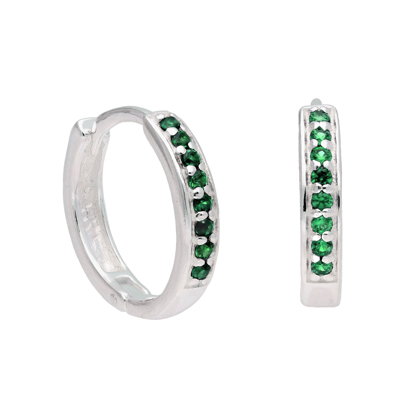 Boucles d'oreilles créoles en argent sterling avec émeraude et zircone cubique pavées de 15 mm