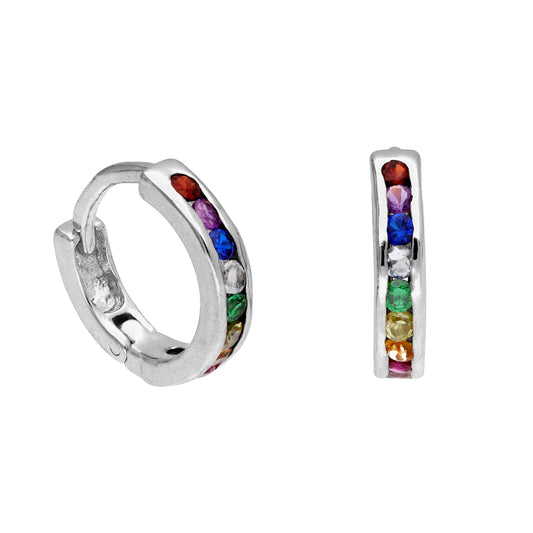 Boucles d'oreilles créoles à charnière en argent sterling avec zircones cubiques arc-en-ciel de 14 mm