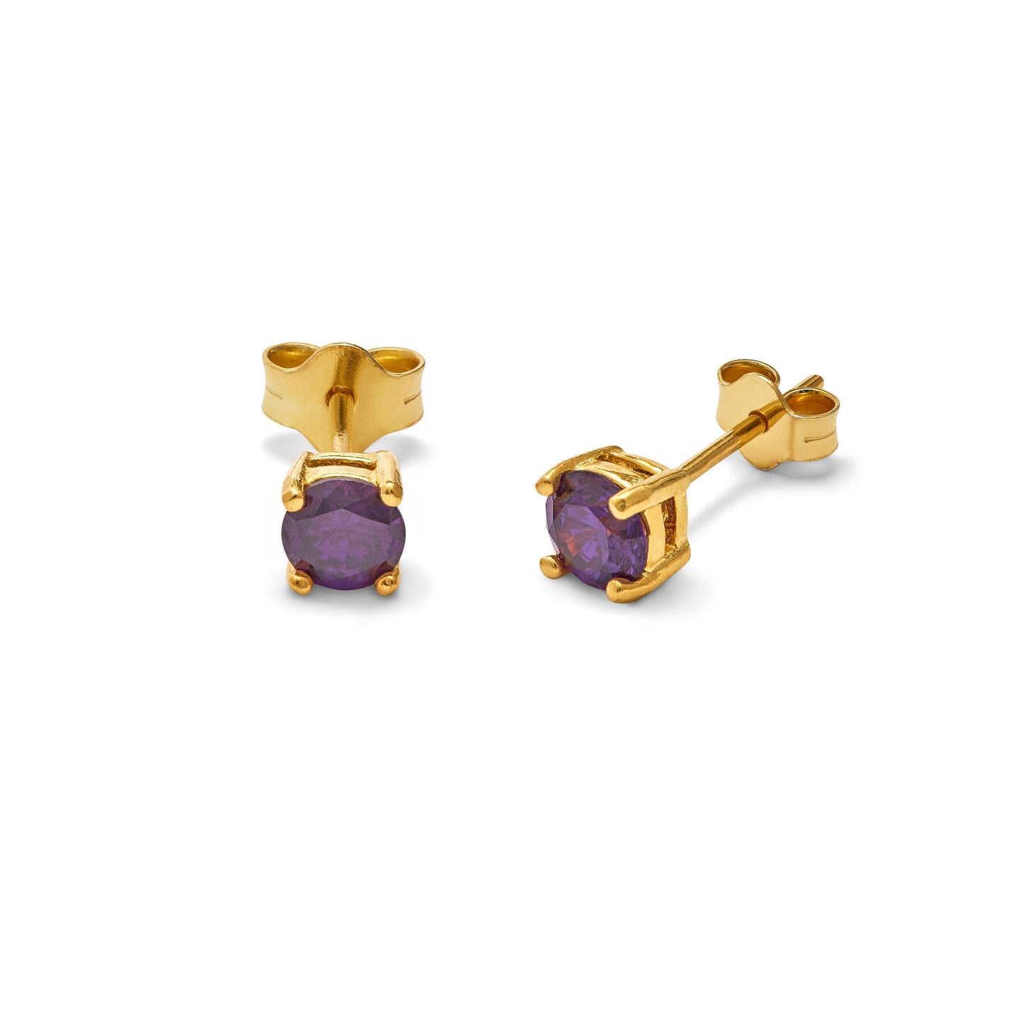 Boucles d'oreilles à tige en argent sterling plaqué or avec améthyste et zircone cubique de 4 mm