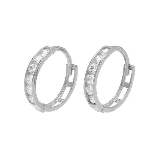 Boucles d'oreilles créoles Huggie en or blanc 9 carats avec zircones cubiques serties en canal de 12 mm