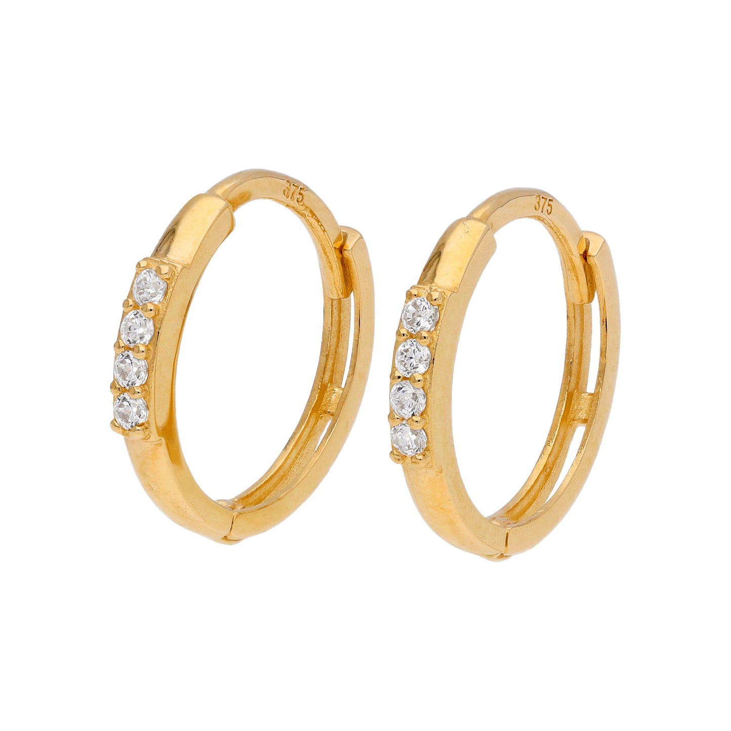 Boucles d'oreilles créoles en or 9 carats avec 4 zircones cubiques ronds de 12 mm