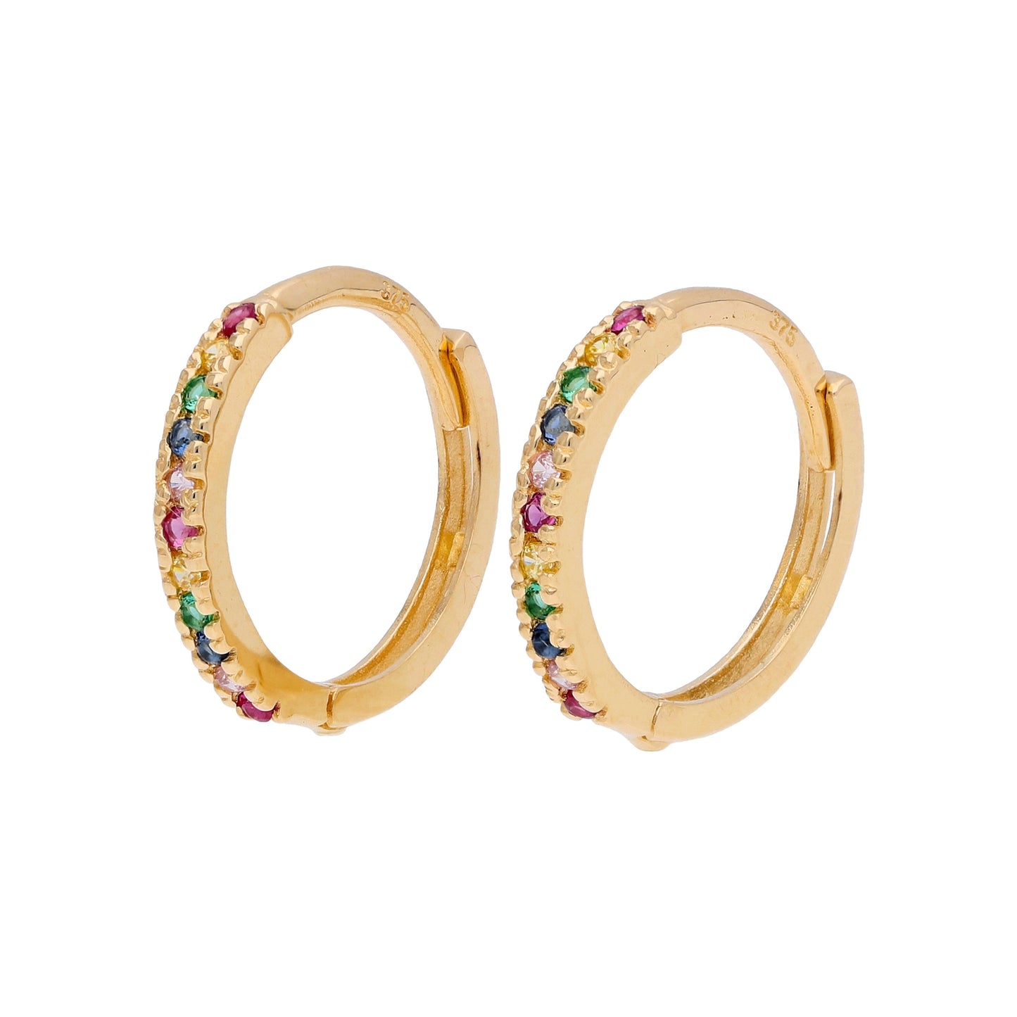 Boucles d'oreilles créoles Huggie 12 mm en or 9 carats avec zircones cubiques arc-en-ciel