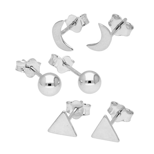 Lot de 3 boucles d'oreilles à tige mixtes en argent sterling avec triangles et boules de lune