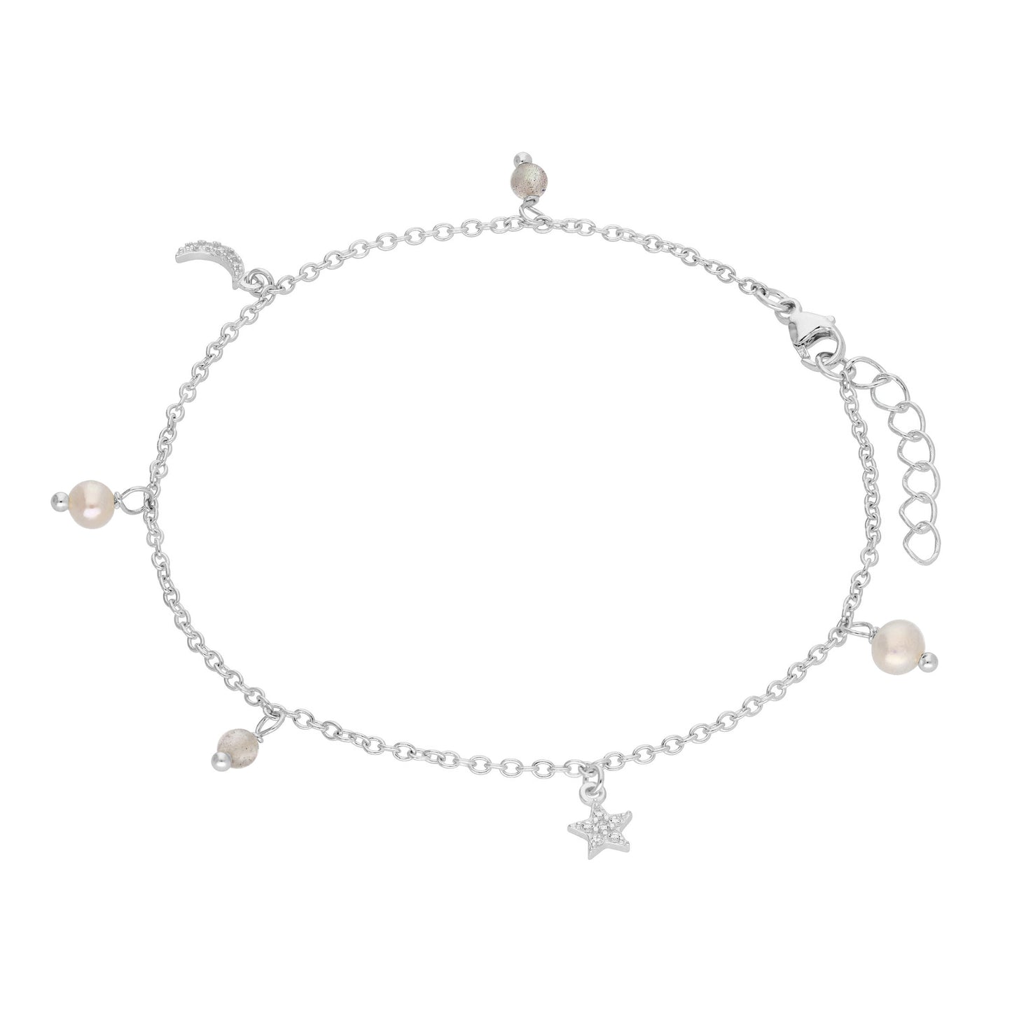 Bracelet en argent sterling avec breloque perle d'eau douce et zircone cubique, étoile et lune