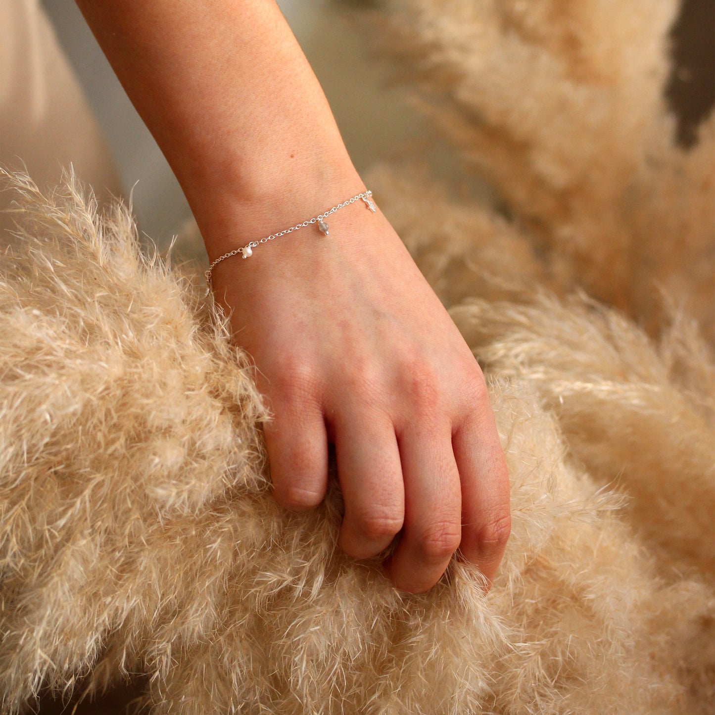 Bracelet en argent sterling avec breloque perle d'eau douce et zircone cubique, étoile et lune