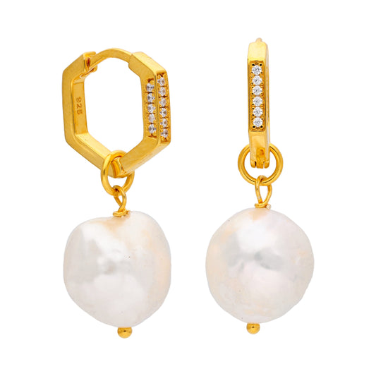 Boucles d'oreilles créoles en argent sterling plaqué or avec perles d'eau douce et zircones cubiques de 14 mm