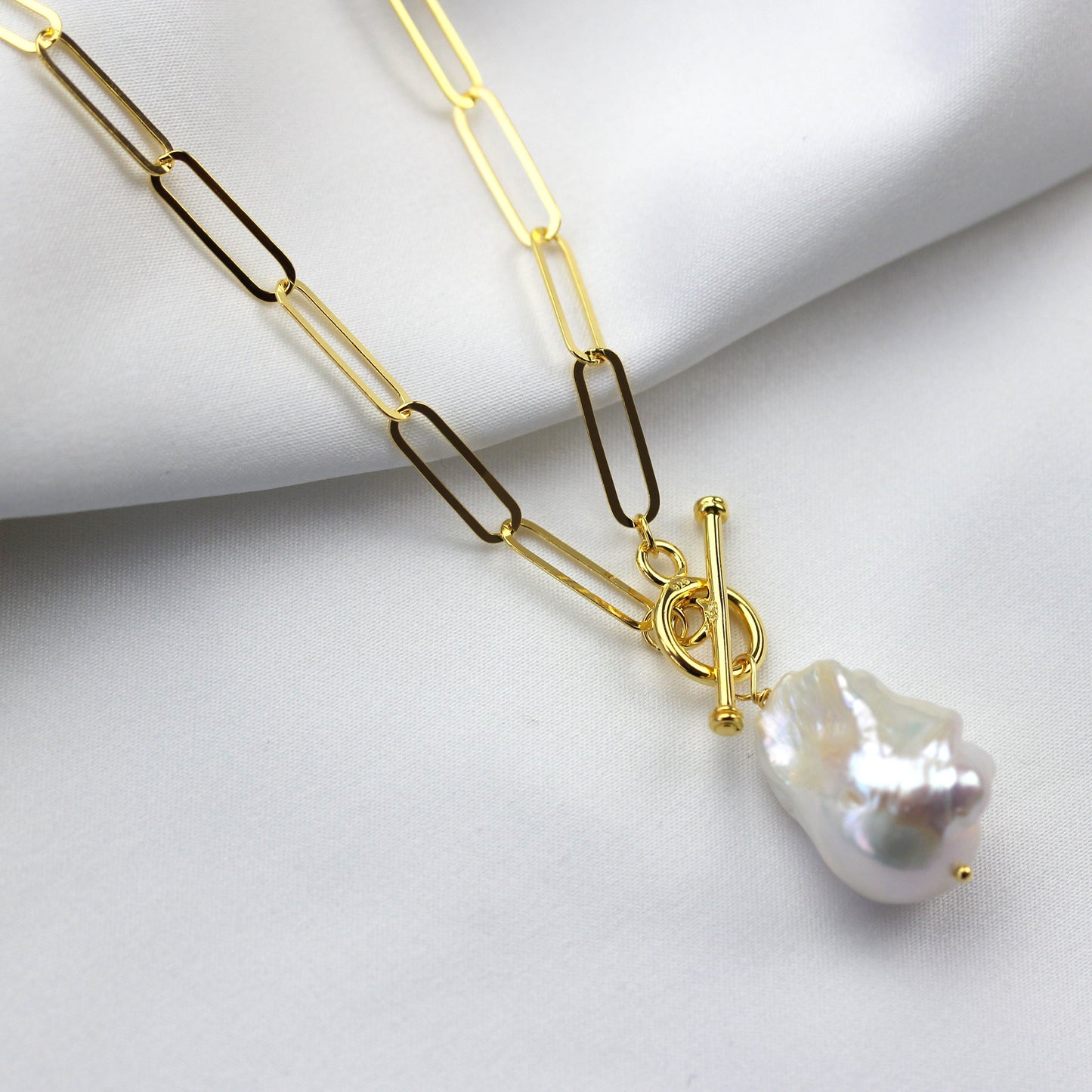 Collier à maillons en argent sterling plaqué or avec perles uniques
