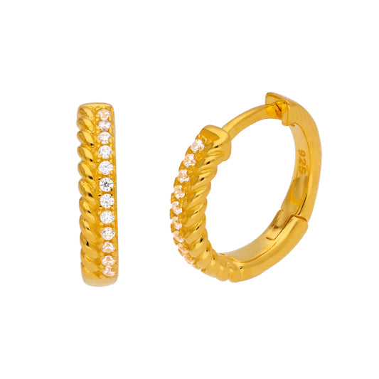 Boucles d'oreilles créoles en argent sterling plaqué or avec double tour pavé de zircones cubiques