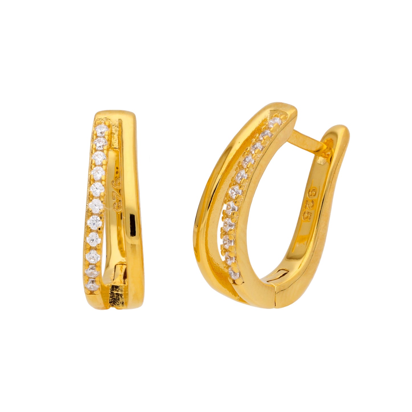 Boucles d'oreilles créoles en argent sterling plaqué or avec double pavé ovale en oxyde de zirconium