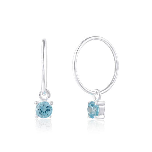 Boucles d'oreilles créoles en argent sterling avec aigue-marine et zircone cubique de 12 mm