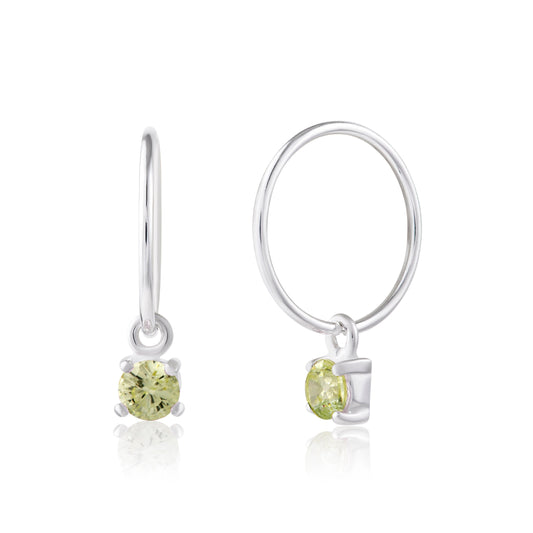 Boucles d'oreilles créoles en argent sterling avec péridot et zircone cubique, 12 mm, style août