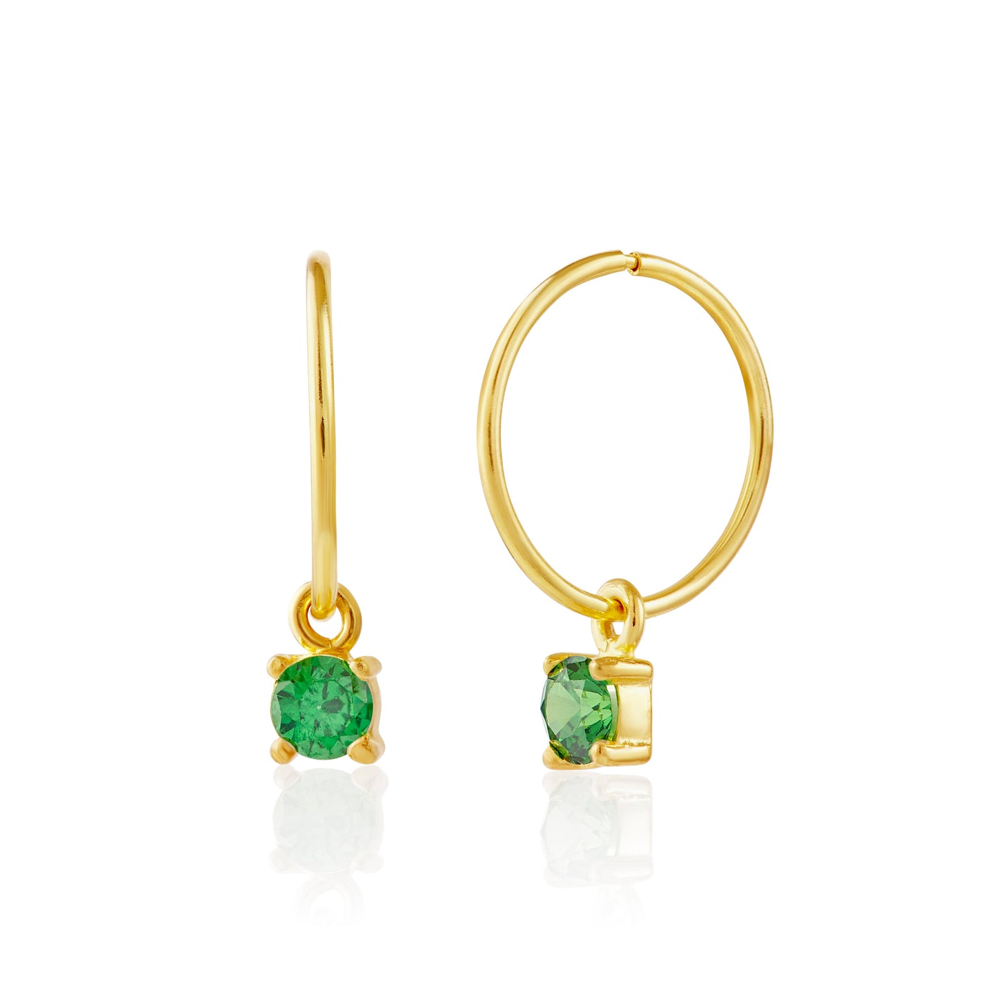 Boucles d'oreilles créoles en argent sterling plaqué or avec émeraude et zircone cubique de 12 mm
