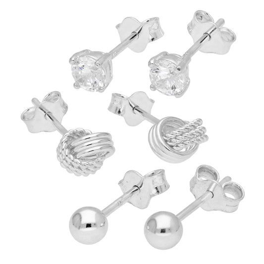 Lot de 3 boucles d'oreilles à tige en argent sterling avec nœud, zircone cubique de 4 mm et boule