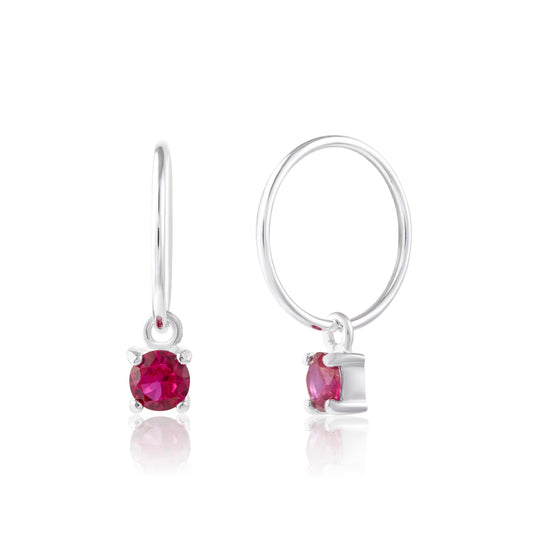 Boucles d'oreilles créoles 12 mm en argent sterling avec rubis et zircone cubique, pierre de naissance de juillet
