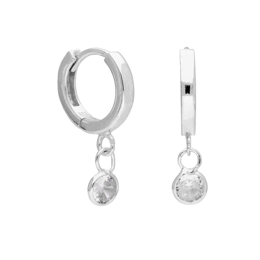 Boucles d'oreilles créoles épaisses en argent sterling avec breloque ronde en oxyde de zirconium