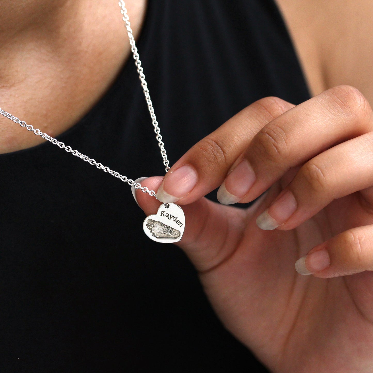 Collier personnalisé en argent sterling avec empreinte de pied et cœur, 40 à 61 cm