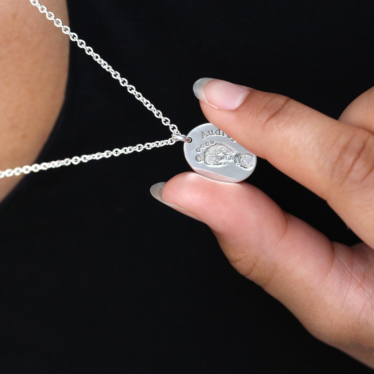 Collier ovale en argent sterling avec empreinte de pied, 40 à 61 cm