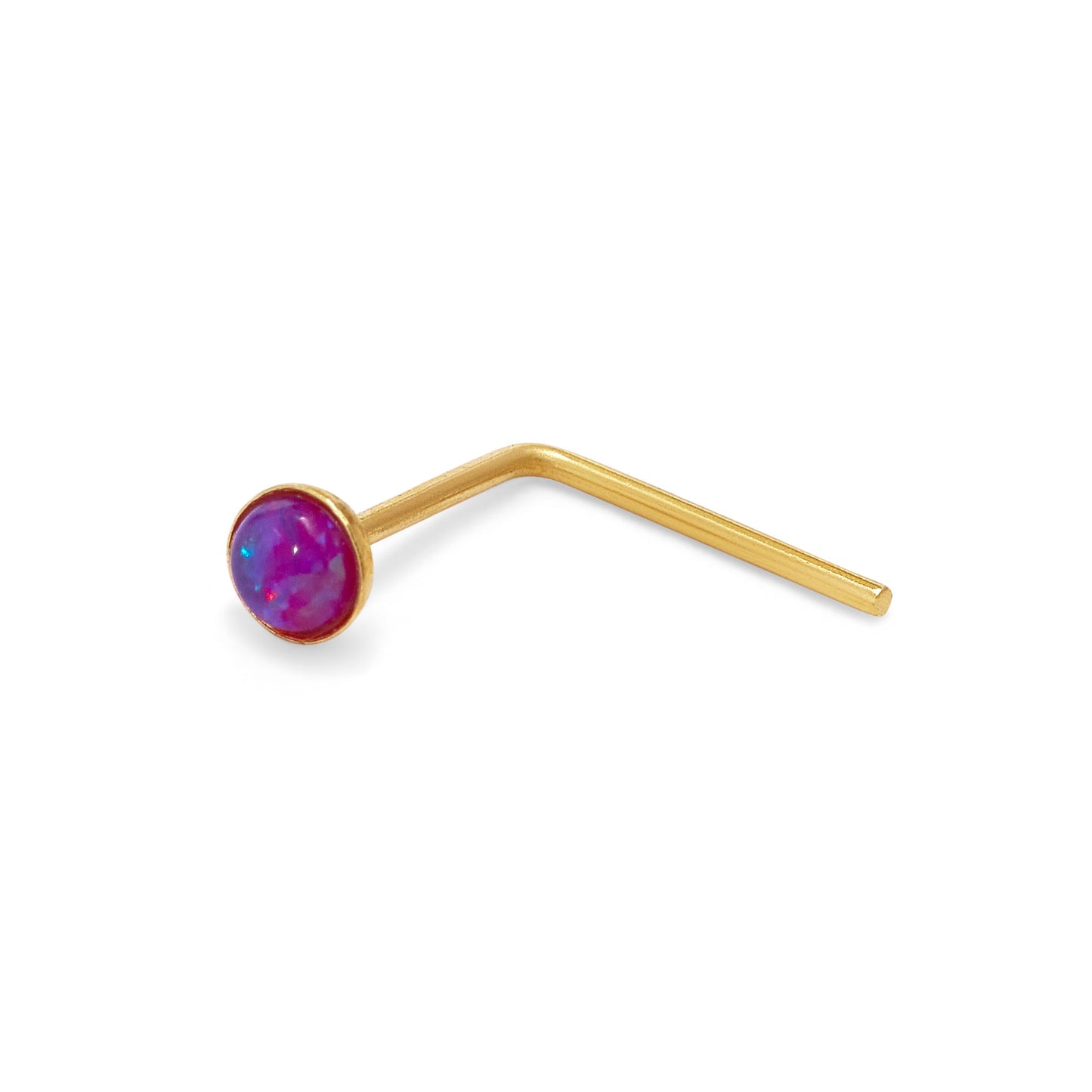Piercing de nez en forme de L, or 9 carats, pierre opale violette, calibre 22