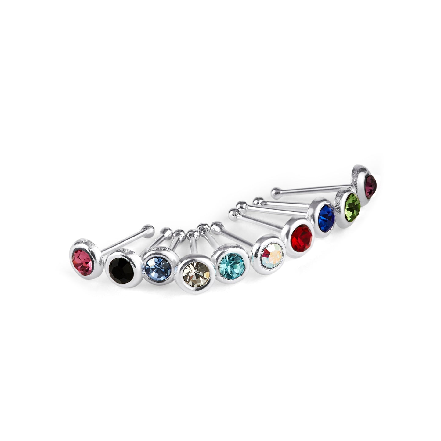 Lot de 10 piercings de nez en argent sterling avec oxyde de zirconium multicolore, calibre 22, à extrémité sphérique