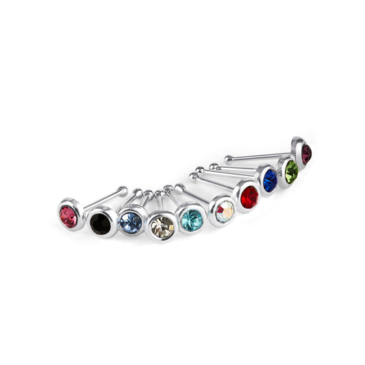 Lot de 10 piercings de nez en argent sterling avec oxyde de zirconium multicolore, calibre 22, à extrémité sphérique