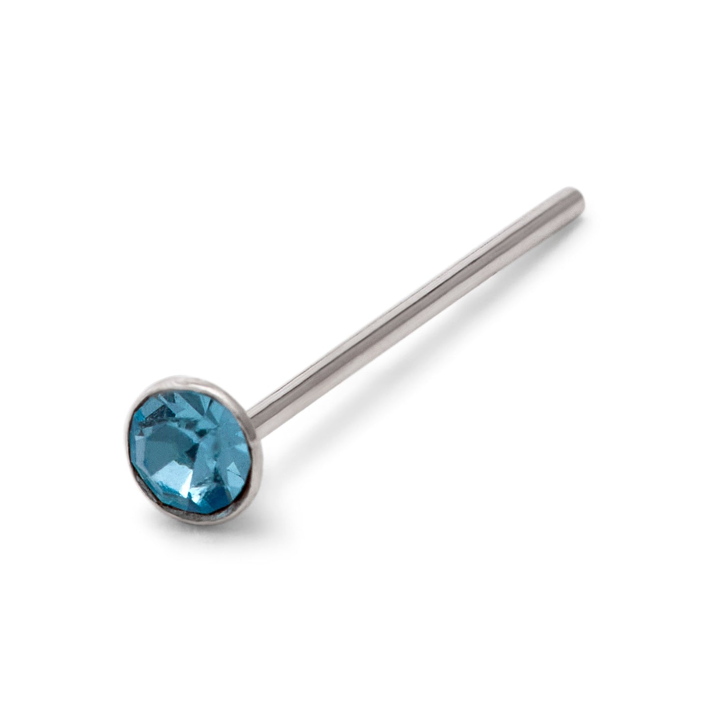 Clou de nez en argent sterling avec zircone cubique rond de 2 mm et aigue-marine, calibre 22