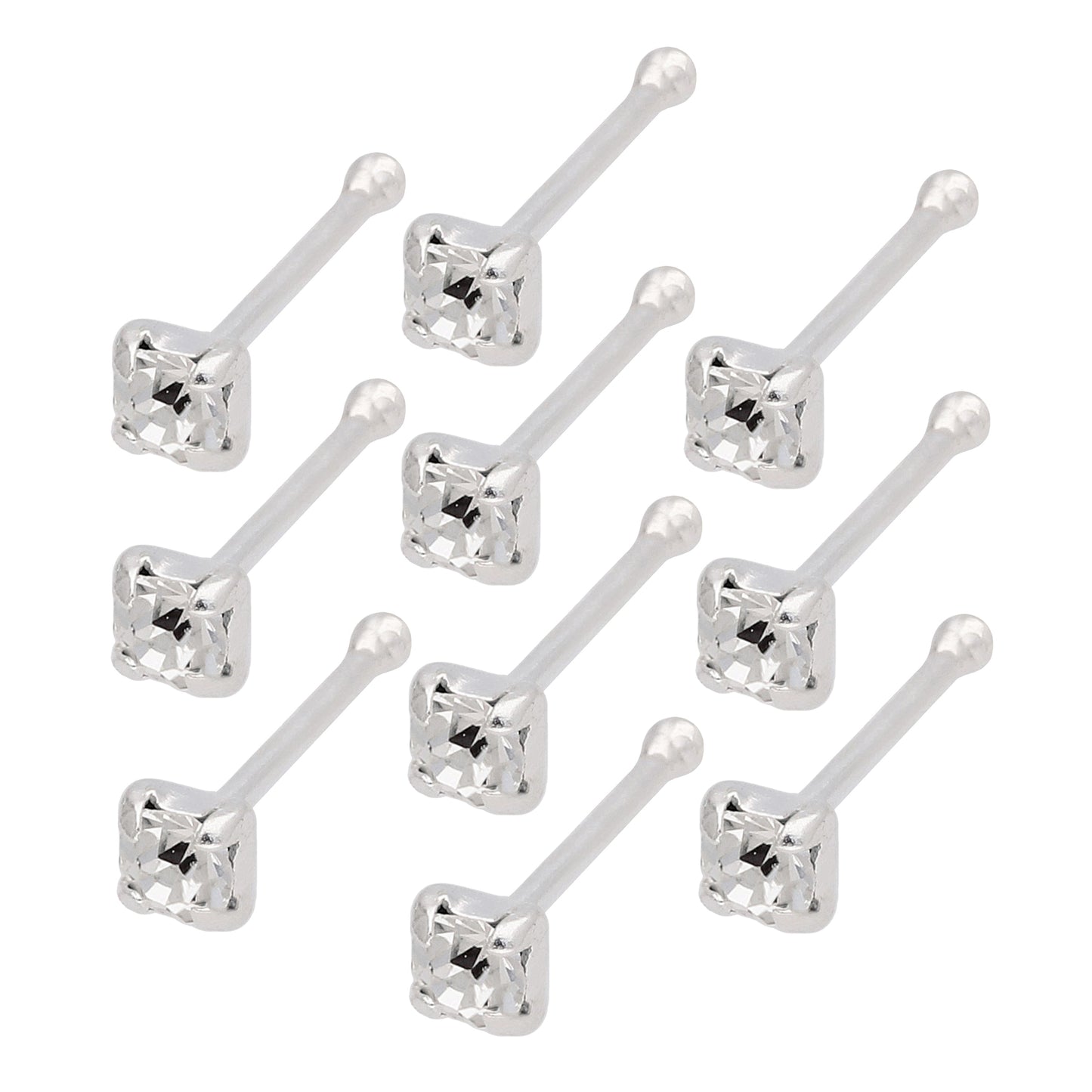 Lot de 10 piercings de nez en argent sterling avec embout sphérique et zircone cubique de 2 mm, calibre 22